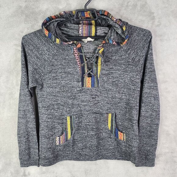 Womens Skönahet Black Native Boho Hoodie Sweatshirt V Neck Tie Long Sleeve XL - Picture 2 of 11